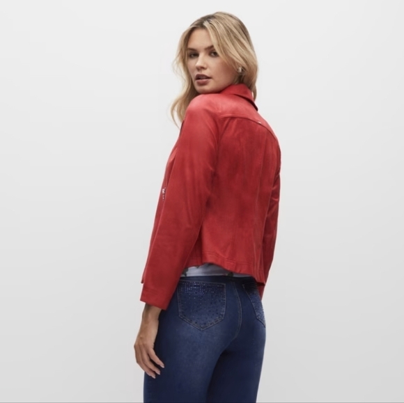 Red faux Suede Plus Size Jacket - Picture 13 of 14